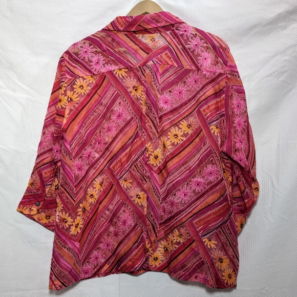 Choices Sheer Bright Pink Floral Button Down Top - 1X - Picture 3 of 8